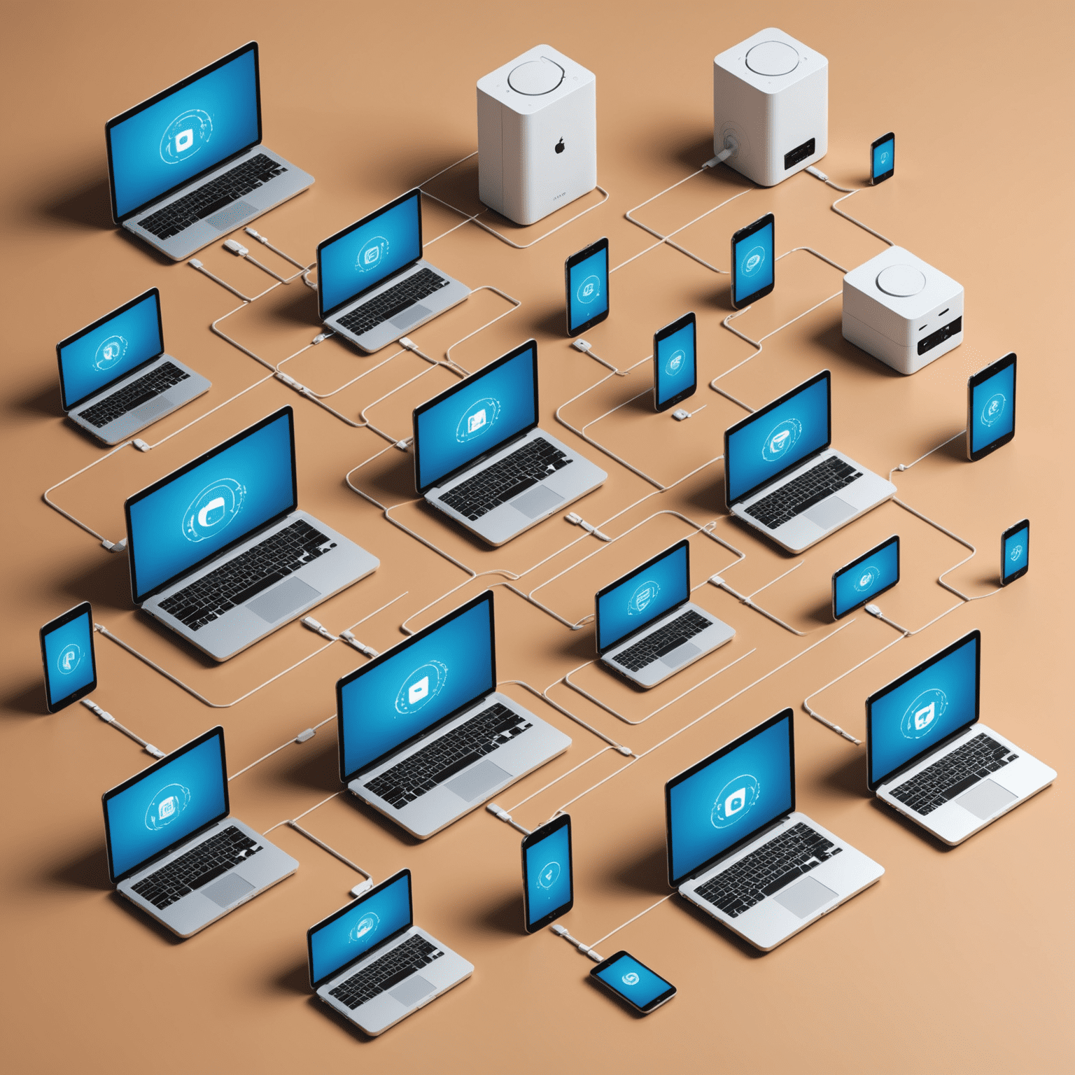 صورة توضيحية لباقات البيانات، تظهر أجهزة متعددة متصلة بالإنترنت مع رموز لسرعة التحميل والتصفح